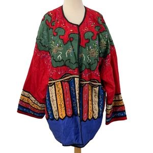 Vtg JA Resorts LS Silk Red Multi Patchwork Open Front Kimono Topper‎ Jacket 2X